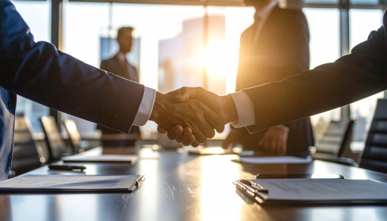 Firefly_Two professional business people shaking hands across a negotiation table, modern off 38983