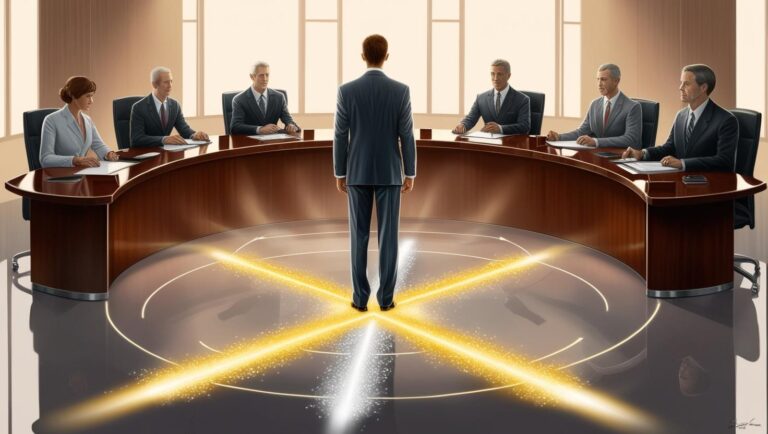 An illustration of a corporate meeting room, with a central figure hesitating between two glowing paths, symbolizing ethical dilemmas and conflicts of interest in administration