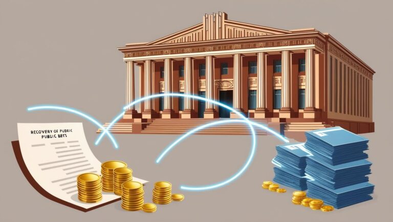 An illustration of a government building with abstract glowing lines connecting it to documents and coins, symbolizing the recovery of public debts through legal processes