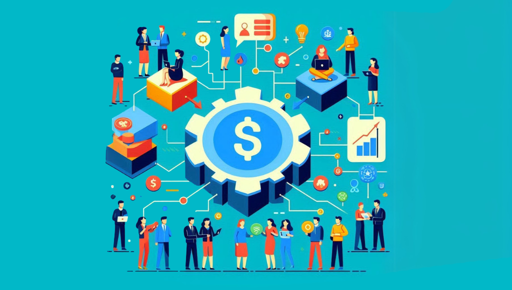 Gráfico que represente la economía colaborativa, como íconos de usuarios conectados en una red o aplicaciones de servicios.