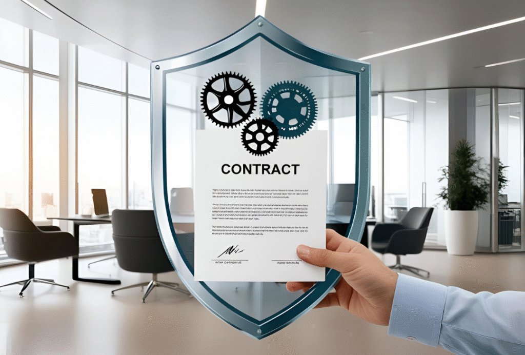 Contrato protegido por escudo transparente con engranajes visibles, simbolizando la prevención legal inteligente usada por abogados en Colombia para evitar litigios.