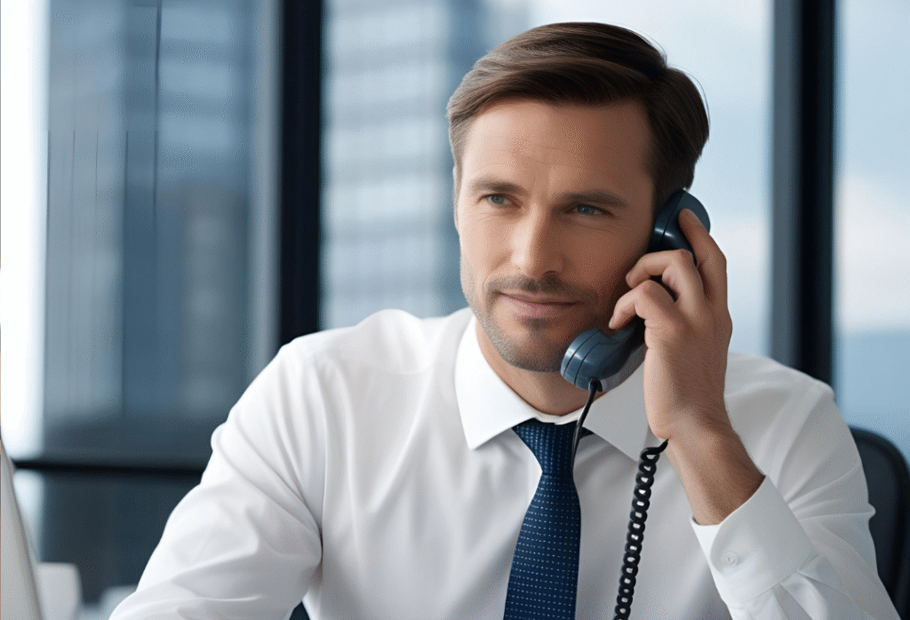 Un empresario haciendo una llamada telefónica con expresión calmada, evitando un conflicto.