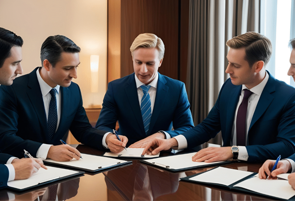 Una reunión con abogados y empresarios firmando acuerdos amigables en una sala de mediación.