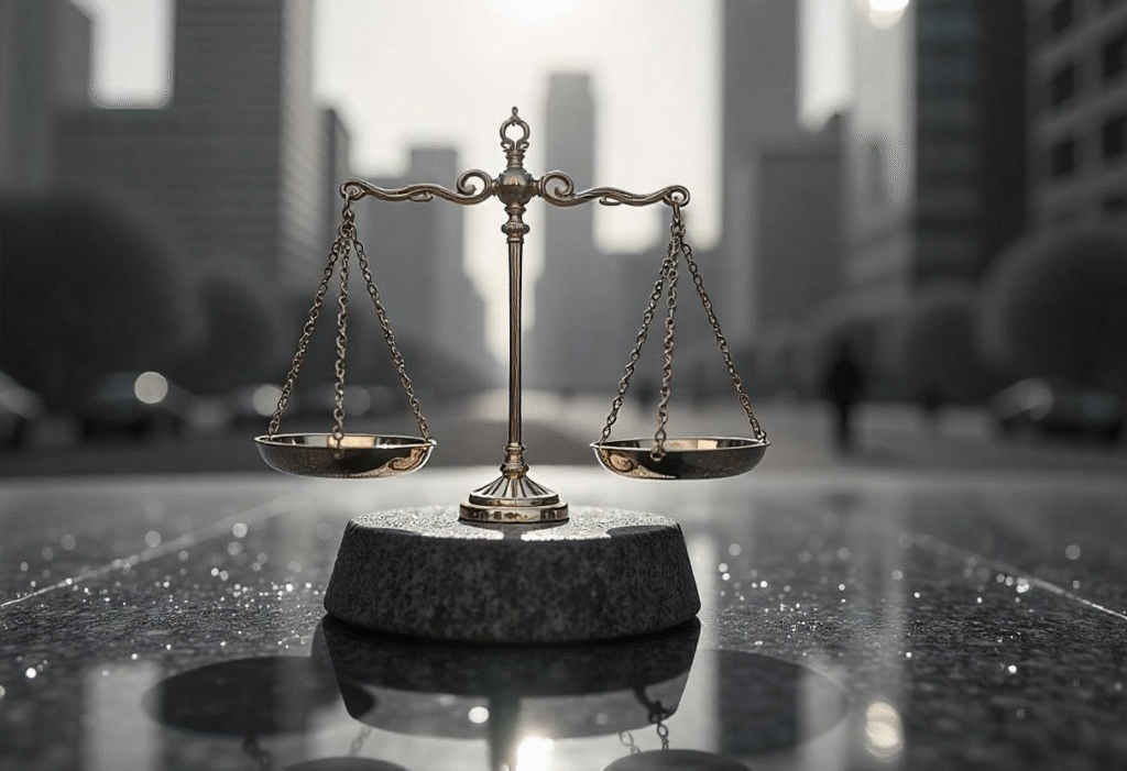 Abogados en Colombia utilizan la ética como ventaja competitiva: balanza de la justicia sobre escritorio moderno con luz natural, simbolizando integridad y confianza.