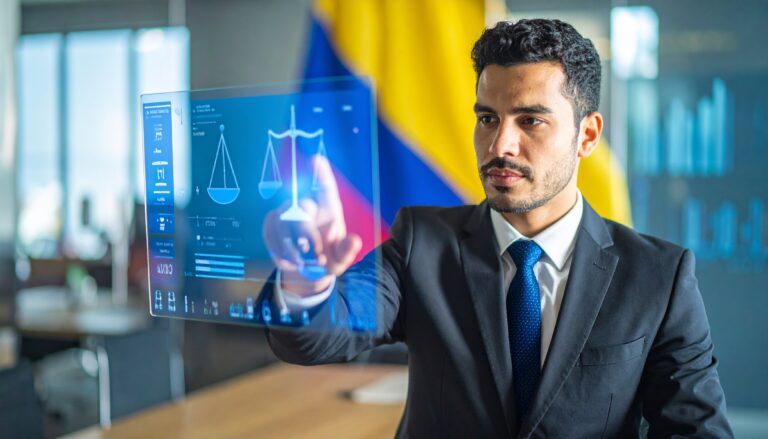 Firefly_A modern Latin American lawyer in a Bogotá law firm office, using a futuristic transp 896616